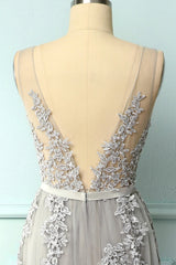 A-line Low V-Back Grey Bridesmaid Dresses with Lace