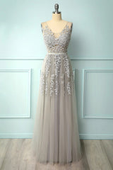 A-line Low V-Back Grey Bridesmaid Dresses with Lace