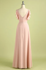 Elegant V Neck Pleated Pink Bridesmaid Dresses with Ruffles