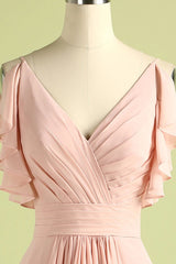 Elegant V Neck Pleated Pink Bridesmaid Dresses with Ruffles