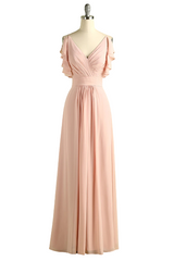 Elegant V Neck Pleated Pink Bridesmaid Dresses with Ruffles