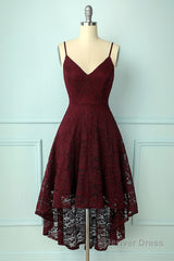 Spaghetti Strap High-Low Burgundy Lace Bridesmaid Dress