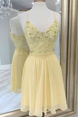 V-Neck Yellow beaded Lace Applique Homecoming Dresses