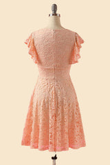 A-Line V-Neck Lace Peach Pink Bridesmaid Dresses