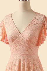 A-Line V-Neck Lace Peach Pink Bridesmaid Dresses