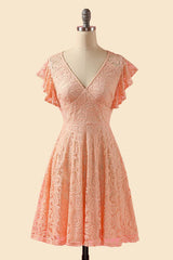 A-Line V-Neck Lace Peach Pink Bridesmaid Dresses