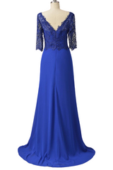 Long Pleated Lace Royal Blue Mother of Bridal Dresses with Train