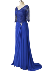 Long Pleated Lace Royal Blue Mother of Bridal Dresses with Train