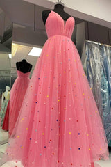 Princess A-line Hot Pink Tulle Long Prom Dresses