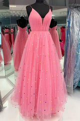 Princess A-line Hot Pink Tulle Long Prom Dresses