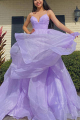 Princess Lavender Tiered Spaghetti Straps Long Prom Dresses