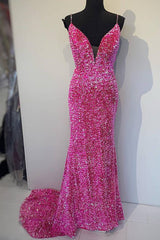 Sparkle Mermaid Hot Pink Long Prom Dresses