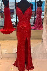 Sparkle Red Mermaid Sequined Prom Dresses with Slit