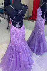 Straps Lavender Lace Appliques Mermaid Prom Dresses