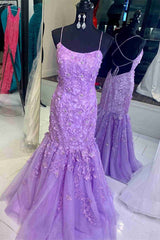 Straps Lavender Lace Appliques Mermaid Prom Dresses