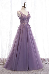 Elegant Lilac V-Neck Appiques Long Prom Dresses