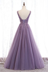 Elegant Lilac V-Neck Appiques Long Prom Dresses