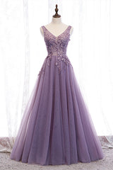 Elegant Lilac V-Neck Appiques Long Prom Dresses