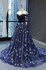 Elegant Off the Shoulder Navy Blue Prom Dresses