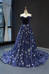 Elegant Off the Shoulder Navy Blue Prom Dresses