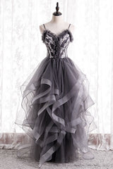 Spaghetti Straps Dark Grey Tiered Long Formal Dresses