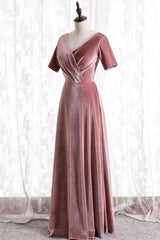 Blush Velvet Long Party Dresses with Short Sleeves