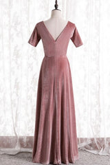 Blush Velvet Long Party Dresses with Short Sleeves