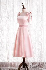 Knee Length Pink Satin Party Dresses with Tie Shoulders