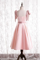 Knee Length Pink Satin Party Dresses with Tie Shoulders