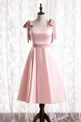 Knee Length Pink Satin Party Dresses with Tie Shoulders