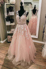 V-Neck Sleeveless Pink Prom Dresses with Embroidery