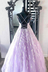 Elegant Straps Lace Appliques Lavender Prom Dresses