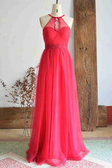 A-Line Halter Hot Pink Long Bridesmaid Dresses