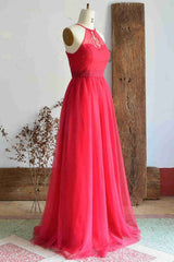 A-Line Halter Hot Pink Long Bridesmaid Dresses