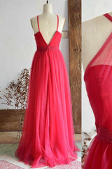 A-Line Halter Hot Pink Long Bridesmaid Dresses