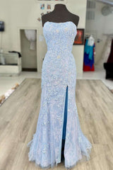 Mermaid Strapless Baby Blue Prom Dresses with Appliques