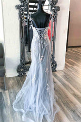 Elegant Mermaid Grey Prom Dresses with Embroidery