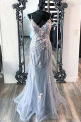 Elegant Mermaid Grey Prom Dresses with Embroidery