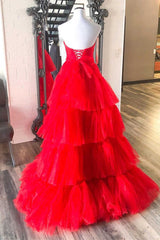 Strapless High Low Tiered Red Tulle Prom Dresses