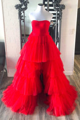 Strapless High Low Tiered Red Tulle Prom Dresses