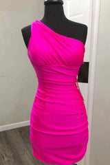 Tight One Shoulder Hot Pink Short Homecoming Dresses