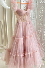 Chic Pink Tulle Midi Length Party Dresses