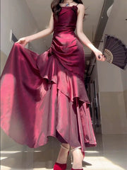 Wine Red Satin Long Straps Prom Dresses Wine Red A-line Party Dresses