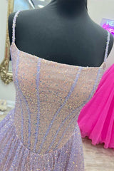 Princess Pink Sequins Straps A-Line Prom Gown