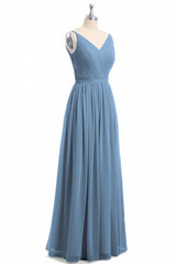 Simple Dusty Blue V-Neck Backless A-Line Long Bridesmaid Dresses