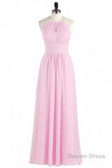 Pink Chiffon Halter Sleeveless A-Line Long Bridesmaid Dress