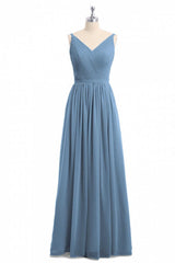 Simple Dusty Blue V-Neck Backless A-Line Long Bridesmaid Dresses