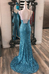 Blue Sequin V-Neck Lace-Up Mermaid Long Dresses with Slit