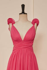 Rose Pink Ruffle Shoulder Plunging V Neck A-line Lace-Up Long Prom Dresses