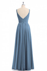 Simple Dusty Blue V-Neck Backless A-Line Long Bridesmaid Dresses